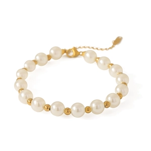 French Baroque 18k gold plated stainless steel bracelet with faux pearls and golden beads