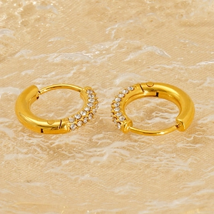 Elegant 18K gold plated titanium steel hoop earrings with double row paved crystals