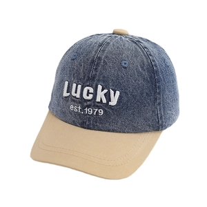 Kids vintage denim baseball cap with Lucky embroidery and contrast khaki brim
