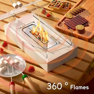 Detail of tabletop ethanol fireplace with 360-degree flames and glass wind guards