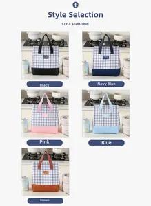 Vertical display of five checkered thermal lunch bags in black, navy, pink, blue, and brown