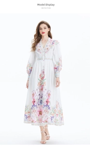 Floral print linen maxi dress with lantern sleeves and vibrant ethnic flower patterns