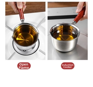 Stainless steel mini oil pot with wood handle shown on gas stove and induction cooker