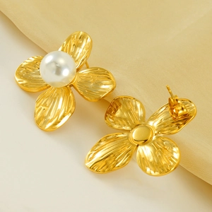 French vintage gold flower petal stud earrings with elegant white pearl center