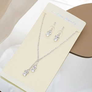 Close-up of sparkling waterdrop zircon necklace and earrings set on jewelry card