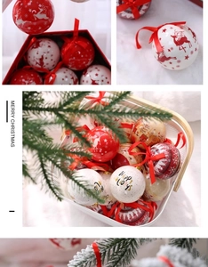 Macro detail of red and white Christmas baubles with snowflake and reindeer patterns