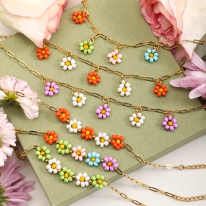 Colorful beaded flower pendants on gold stainless steel chains for summer vacation