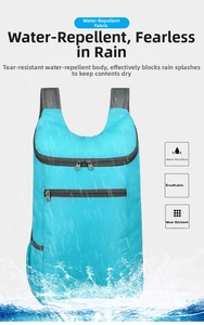 Detail of light blue waterproof backpack fabric showing water resistance and texture