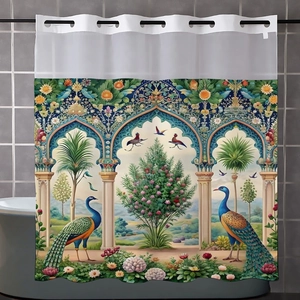 Waterproof peacock garden shower curtain with pink flowers and double-layer metal eyelets