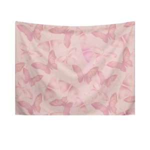 Pink tapestry with butterfly patterns hanging as bedroom wall decor on white background