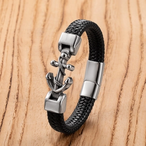 Braided Leather Bracelet Stainless Steel Anchor Infinity Symbol Punk Fashion Magnetic Clasp Bangle For Men Unisex