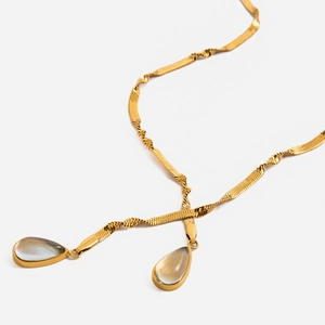 Water Drop Pendants Necklace 18K Gold Plated Stainless Steel Snake Chain Lariat Elegant Jewelry For Women Teardrop Glass