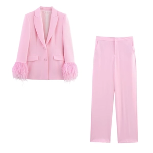 Pink pantsuit with luxury feather cuffs on long sleeve blazer for women stylish outfit