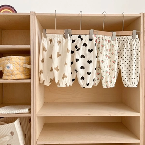 Infant gauze anti-mosquito pants featuring cute bear, heart, floral, and polka dot prints for summer.