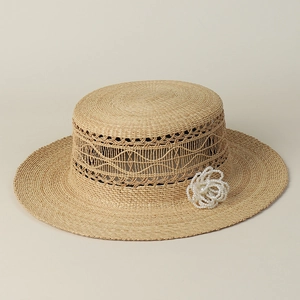 Eleganter Raffia Boater Hut Für Damen Mit Künstliche Perlenblume Ausgehöhlt Handgewebt Atmungsaktiver Sommer Strand Sonnenhut