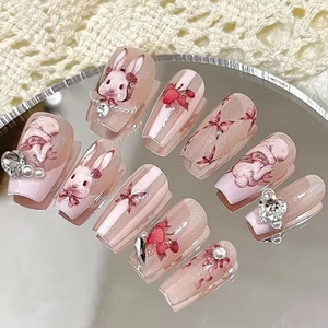 Handmade Press On Nails Pink Gradient Sweet Rococo Style With 3D Rhinestone Heart Artificial Pearl Bow Rabbit For Women