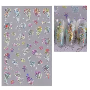 Detail of Gold-011 3D jellyfish nail stickers with iridescent sea shells and starfish