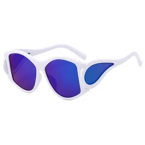 Fashionable white Y2K oversized sunglasses with wing design and purple gradient lenses