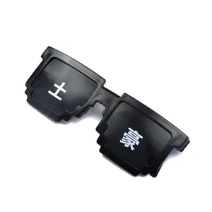 Detail of pixel style Thug Life sunglasses with white Chinese characters on black frames