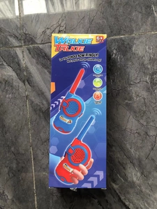 Retail packaging of two walkie talkies for kids featuring blue and red toy handsets