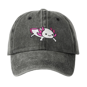 Classic washed grey baseball cap featuring cute pink axolotl embroidery on a white background