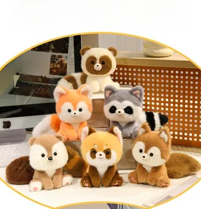 Detailed view of six soft plush woodland animal dolls in sitting pose on a desk