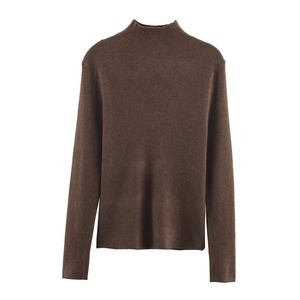 Women's chic dark brown knit sweater with a sophisticated high-neck collar design