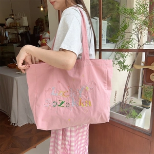 Sac fourre-tout en toile rose avec broderie Lucky Sozakka et large bandoulière