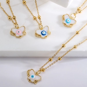 Chic 18K gold plated butterfly evil eye pendant necklace for women in pink and blue