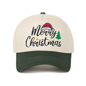 Retro Merry Christmas embroidered baseball cap with cream crown and green brim