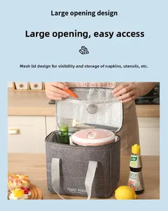 Detail of insulated lunch bag featuring aluminum foil lining and internal mesh pocket