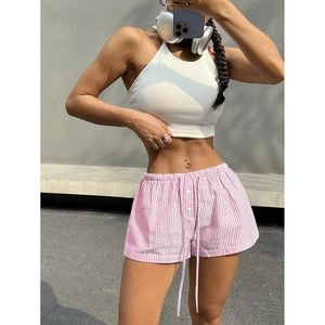 Women stripe casual shorts set with white ribbed tank top and pink striped shorts