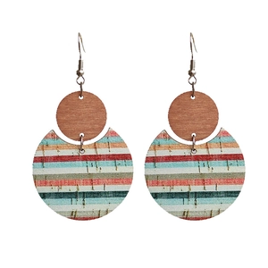 Bohemian dangle earrings with round wood studs and colorful striped cork leaf pendants
