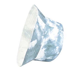 Detailed view of blue tie-dye bucket hat featuring reinforced brim stitching and flat top