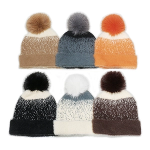 Women Knitted Beanie Hat Faux Mink Fur Warm Winter Jacquard Pattern Pom-pom Skull Cap Outdoor Casual Stylish