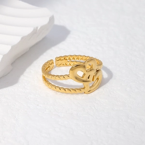 Adjustable 18K gold plated double layer twisted rope ring with a heart charm detail