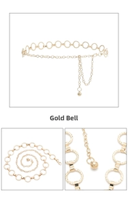 Detail of gold metal waist chain belt featuring round links and small bell pendant