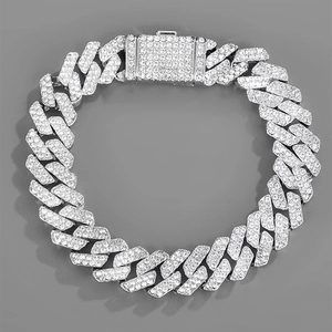 Detailed view of silver 12mm hip hop Cuban link necklace with sparkling rhinestones