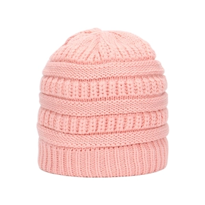 Close-up of pink knit beanie showing thick ribbed texture and satin lining detail