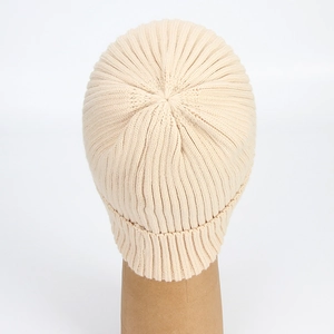 Warm beige core-spun yarn knitted beanie with ribbed texture for men and women