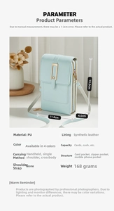 Tabella dettagliata con dimensioni 19x11x4cm e specifiche per la borsa per cellulare in PU