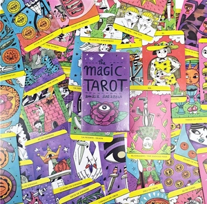Artistic detail of The Magic Tarot deck showing colorful cards and purple storage box