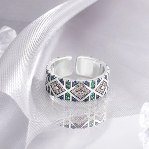 S925 sterling silver adjustable ring with colorful zircons and geometric diamond patterns