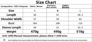 Detailed size chart for brown high collar sports jacket with length and bust measurements