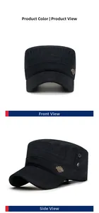Detail view of black cotton flat top army cap with vintage metal badge and side eyelets