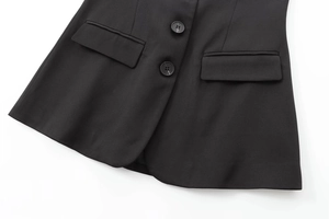 Détails d'un blazer noir cintré montrant des boutons en résine et des poches à rabat