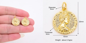 Macro view of gold vintage portrait coin pendant showing detailed dimensions and scale