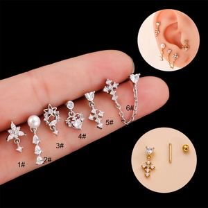 Set of 6 stainless steel screw-back earrings with zircon cross heart and star designs