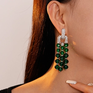 Elegant green crystal tassel earrings with sparkling rhinestones for luxury women jewelry