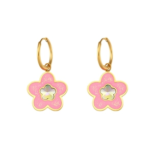Edelstahl-Ohrringe mit 18K Goldbeschichtung, rosa Emaille-Blütenblättern und Pailletten